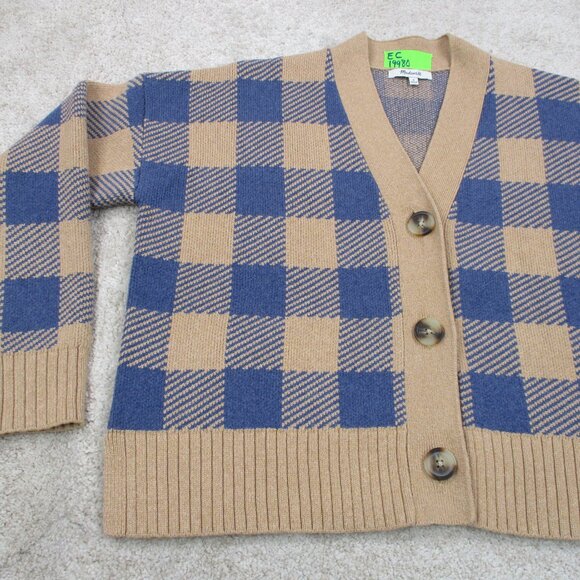 Madewell Cardigan Sweater Womens Medium Brown Tan Blue Plaid Cotton Blend Casual - Picture 3 of 11